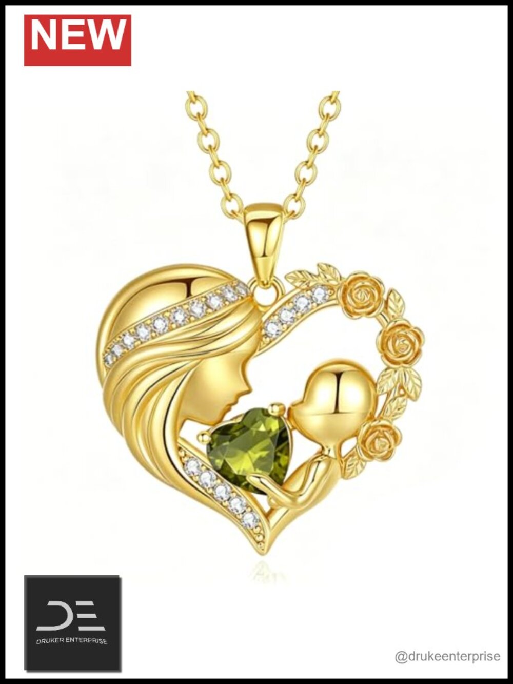 18K Gold Plated Mom Birthstone Necklace Love Heart Pendant August Peridot